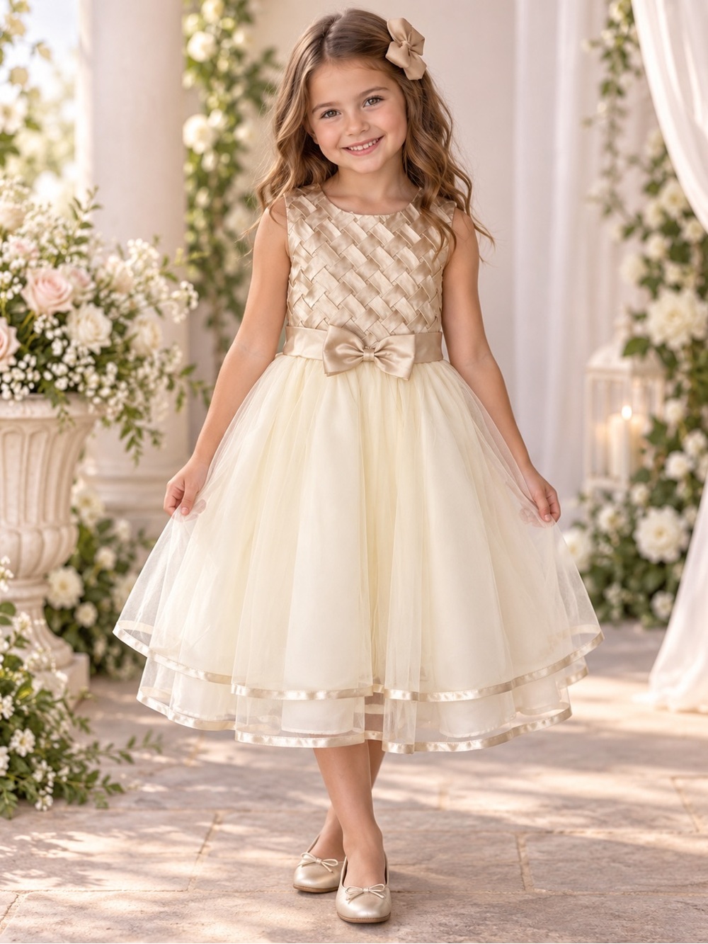 Rare Editions Girls 6X Champagne Ivory Tulle Formal Party Dress Bow
